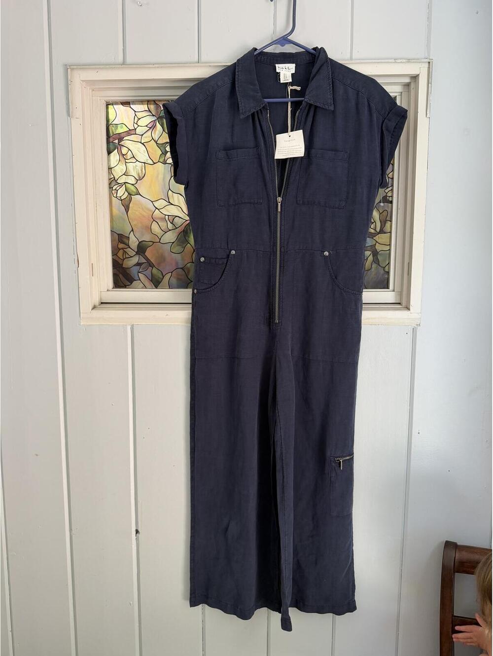 Nicole miller Navy Blue Linen Jumpsuit with Zip Front size 2